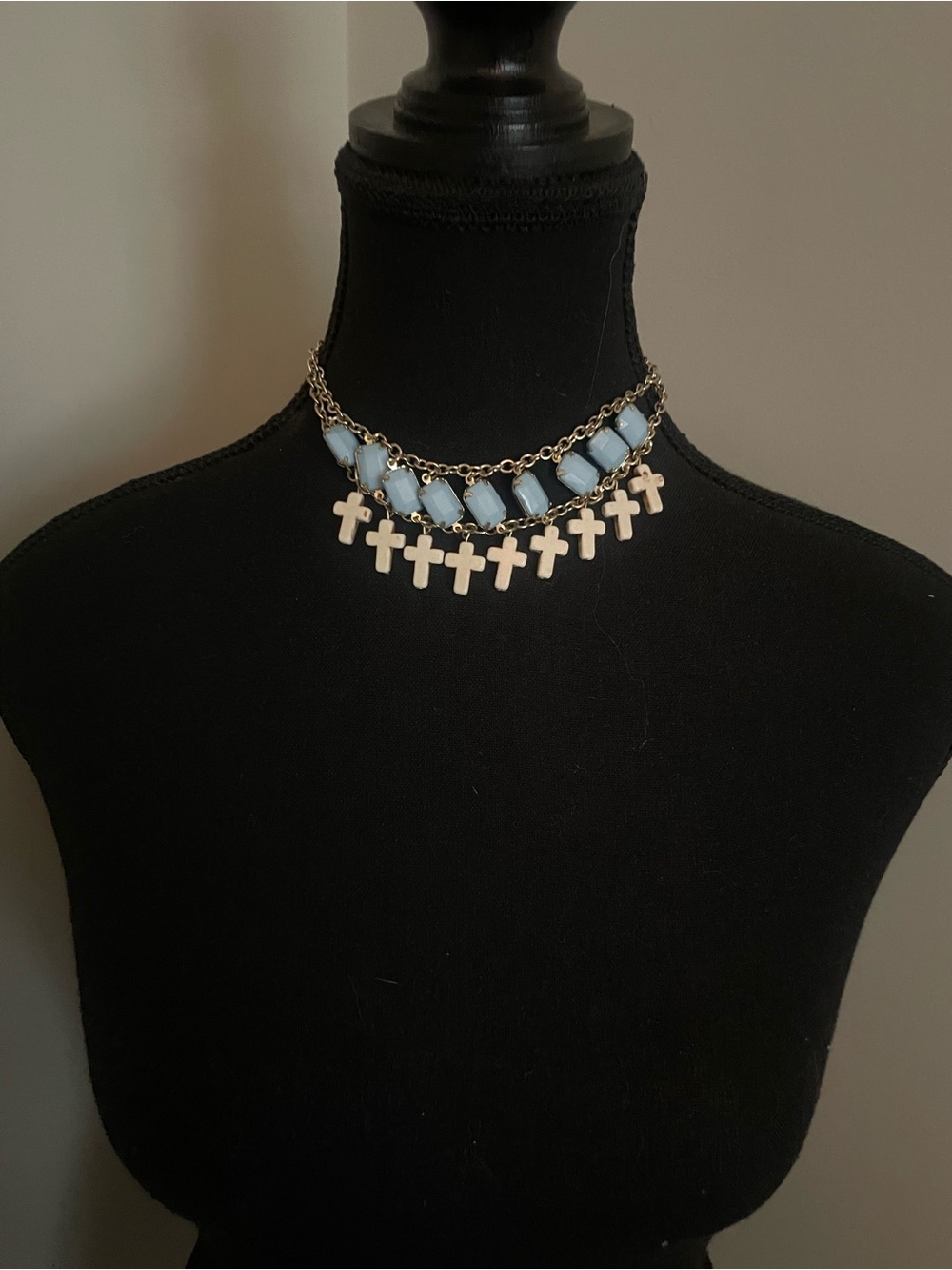 Gold-Tone Blue Stone & Cross Pendant Necklace